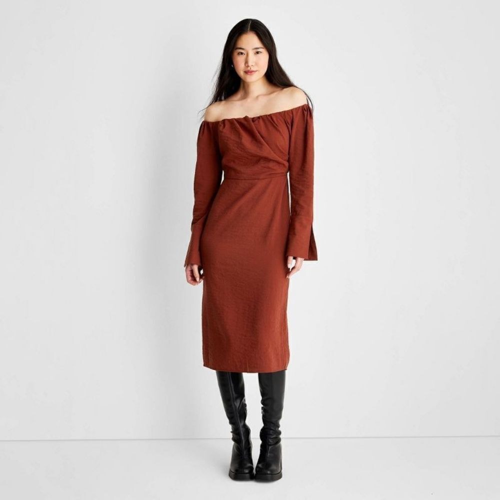 Future Collective Reese Blutstein Off Shoulder Long Sleeve Midi Dress in Rust 14